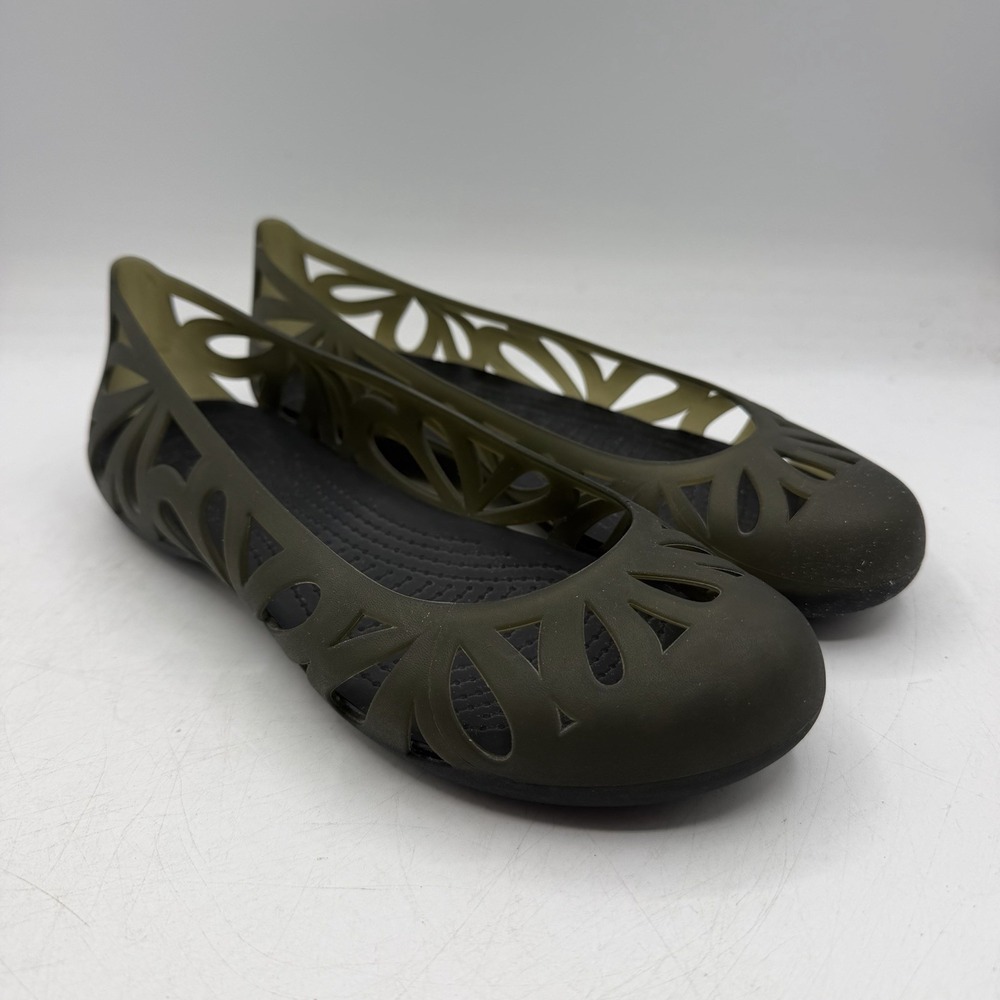 Crocs Adrina III Jelly Flats Womens Sz 9 Olive Green Black Cut Out Slip On Shoes